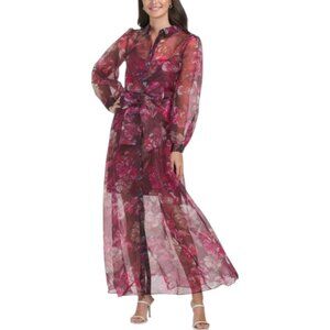 JULIA JORDAN Long Sleeve Organza Shirt Dress - Burgundy Multi